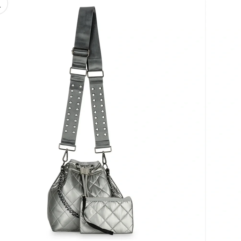 Haute Shore Lindsey Quilted Puffer Bucket Bag Gray Silver Crossbody NWT